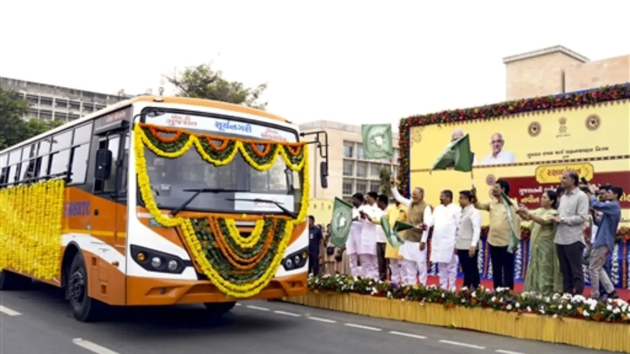 Gujarat Deputy Chief Minister Harsh Sanghavi flags off new buses ahead of 'Raksha Bandhan', in Gujarat. Pic/PTI
